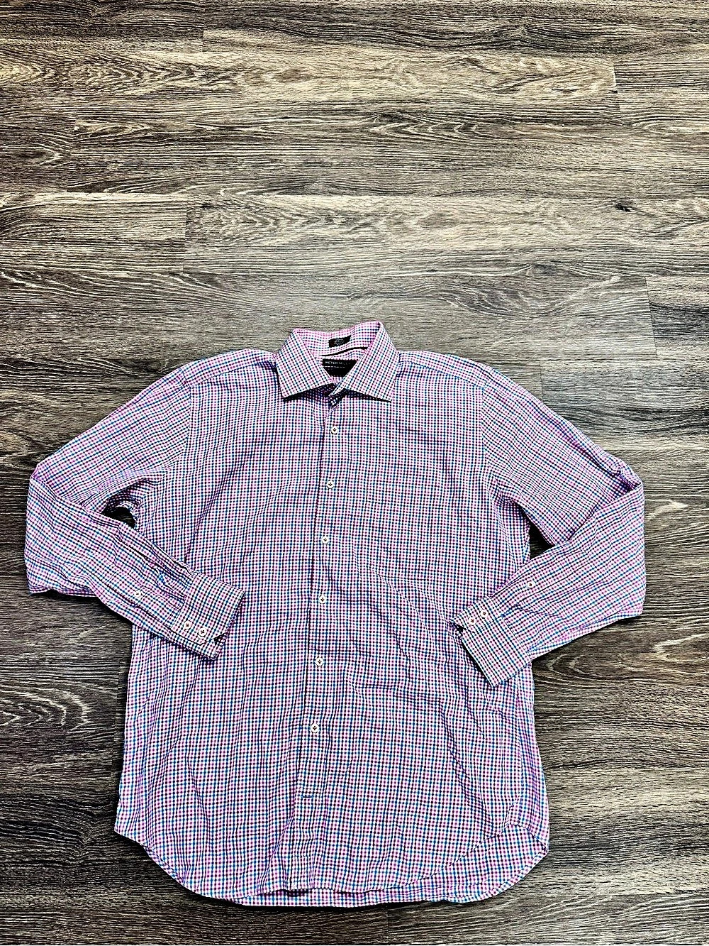 Peter Millar Men’s Large Pink Blue Tattersall Check Cotton Dress Shirt